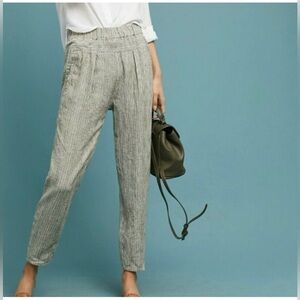 Anthropologie Hei Hei Striped Linen Pull-On Cropped Pants White Grey Size L